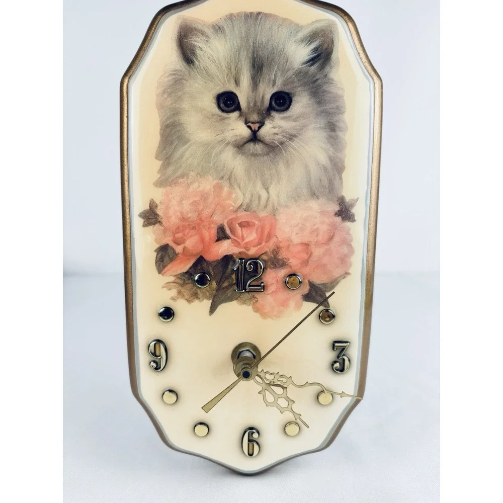 Vintage Ceramic Kitten Cat Wall Clock Flowers Tochigi Quartz Retro Kitschy Works
